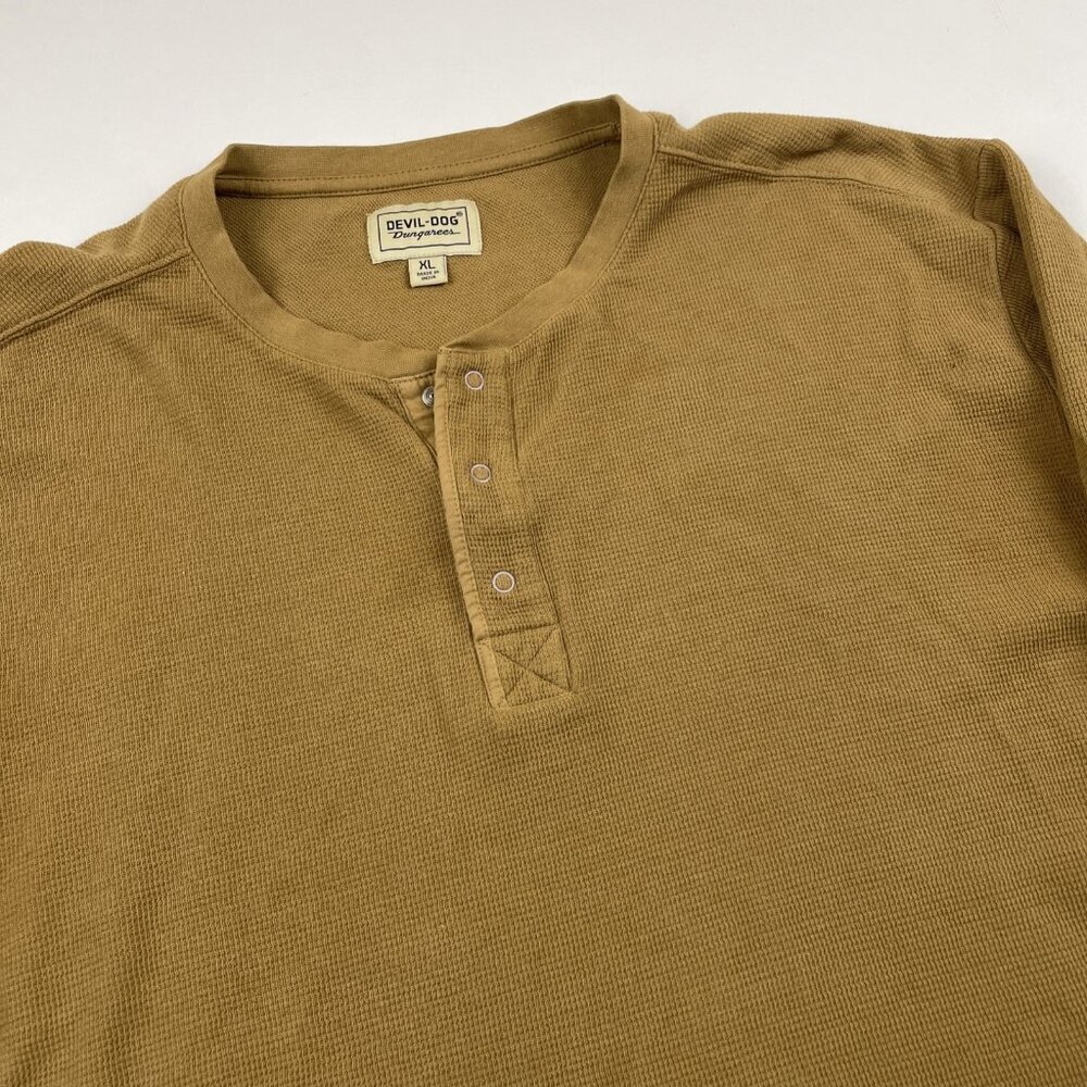 Devil Dog Dungarees Henley Shirt Men’s XL Waffle Knit 1/4 Snap up Tan Cotton